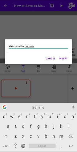 How to insert text in Benime